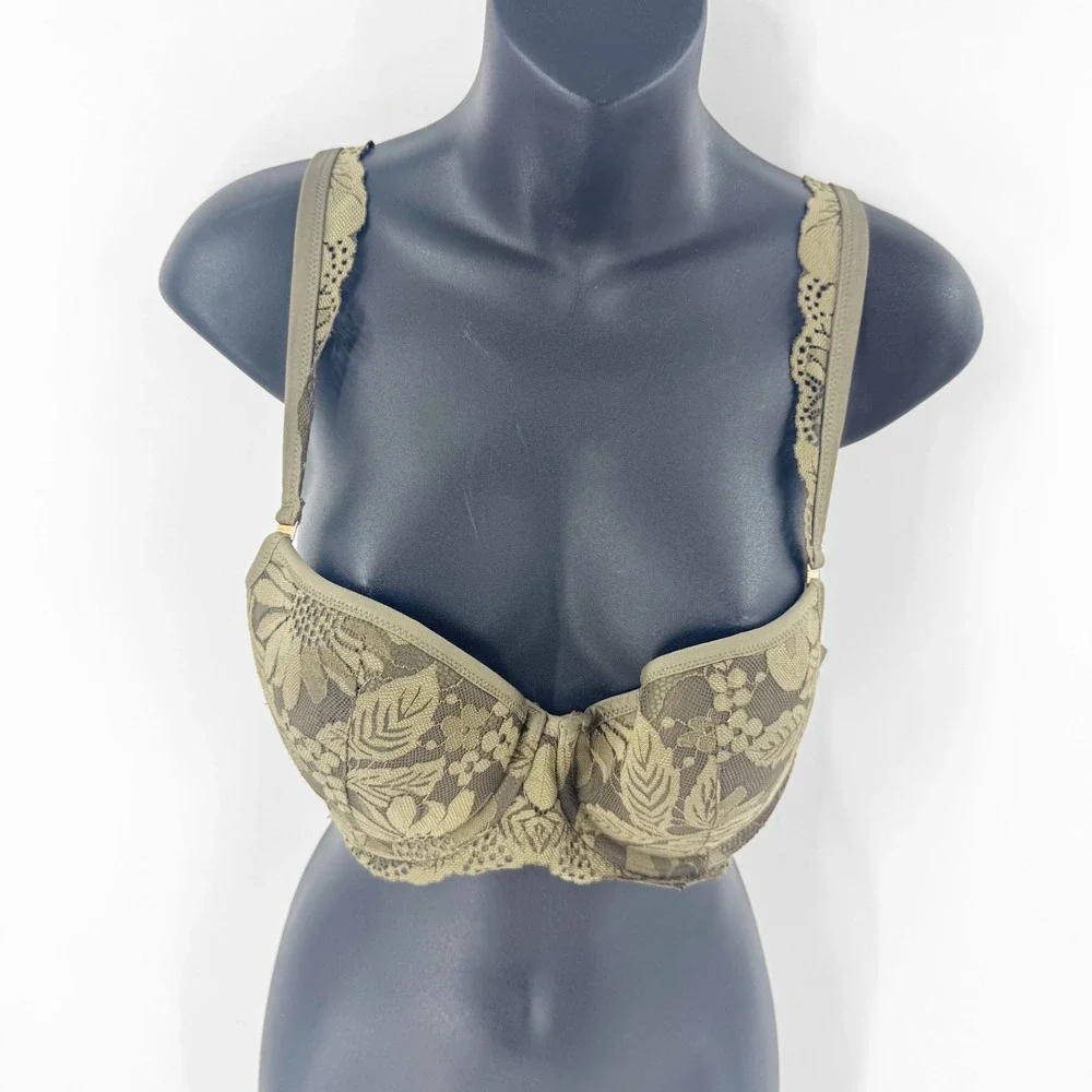 Aerie Real Balconette Bra Olive Green Floral‎ Lace Underwire 36C